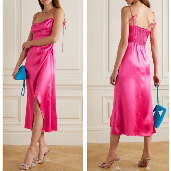 Reformation Marguerite Silk Tie Straps Flambé Pink Midi Dress Size 12 - Picture 1 of 9